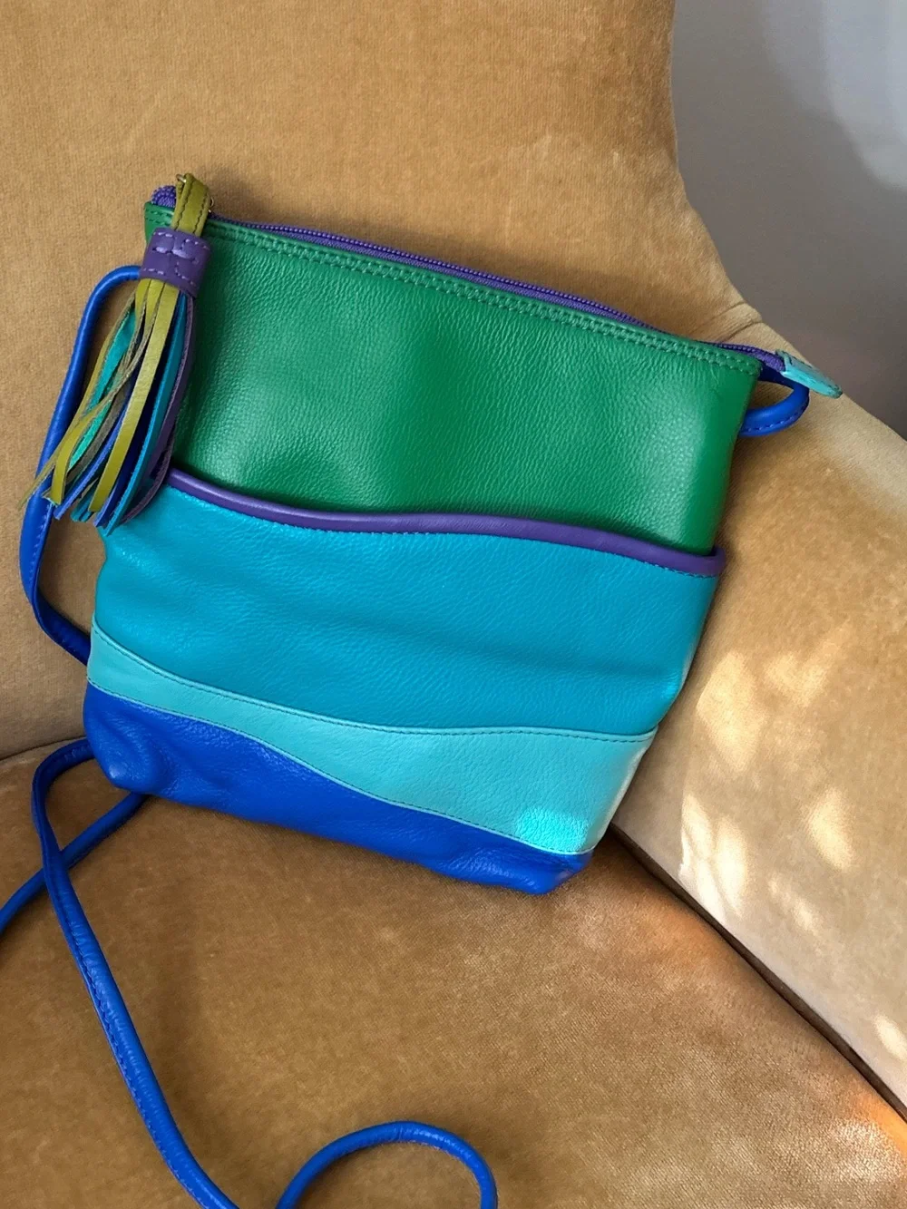 ILI NEW YORK colorful LEATHER crossbody bag POCKETS 80s colors! Blue teal purple - Picture 8 of 10